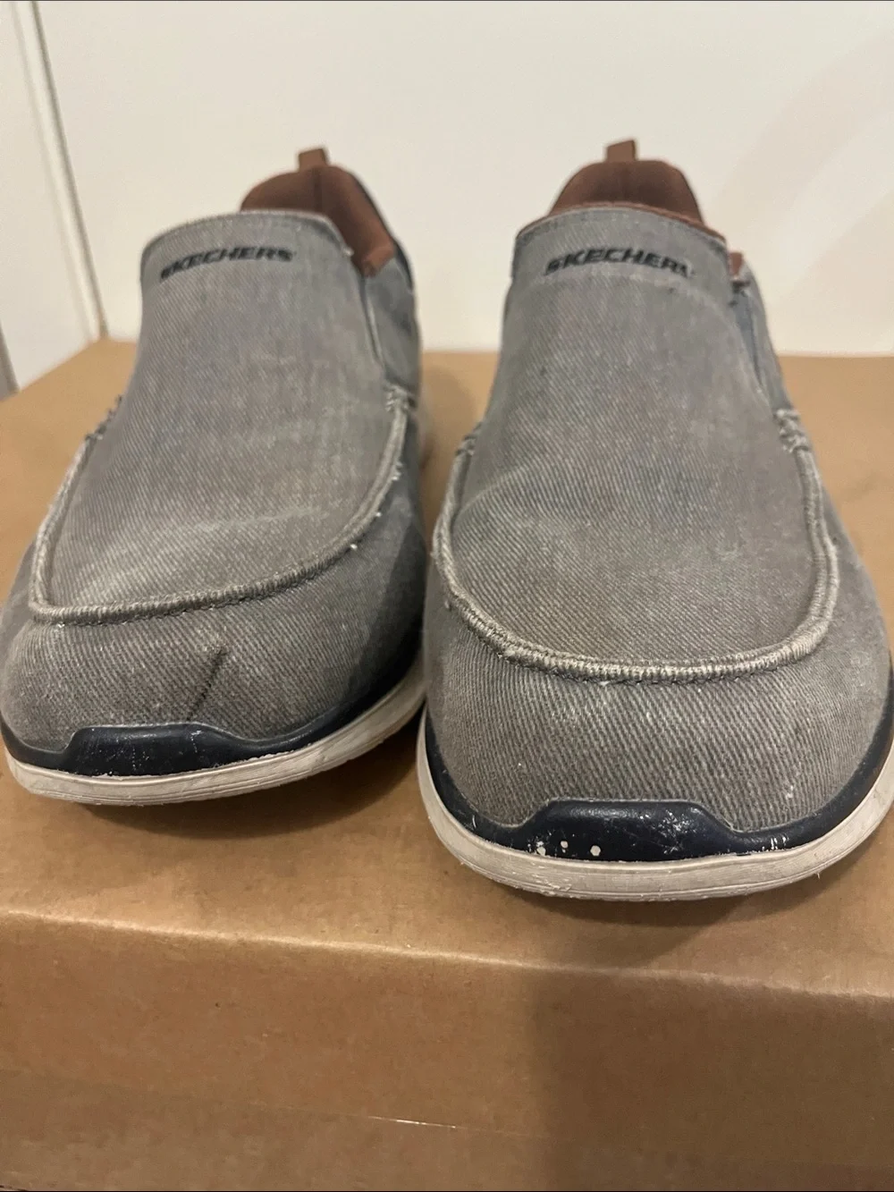 Skechers Gray Canvas Slip-On Loafers with Brown Lining